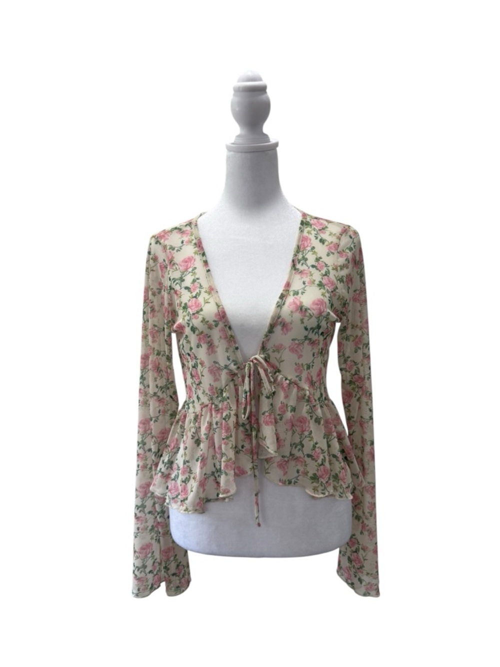 NWT See You Monday Floral Mesh Peplum Top Bell Sleeve Y2K BOHO Size Junior Large